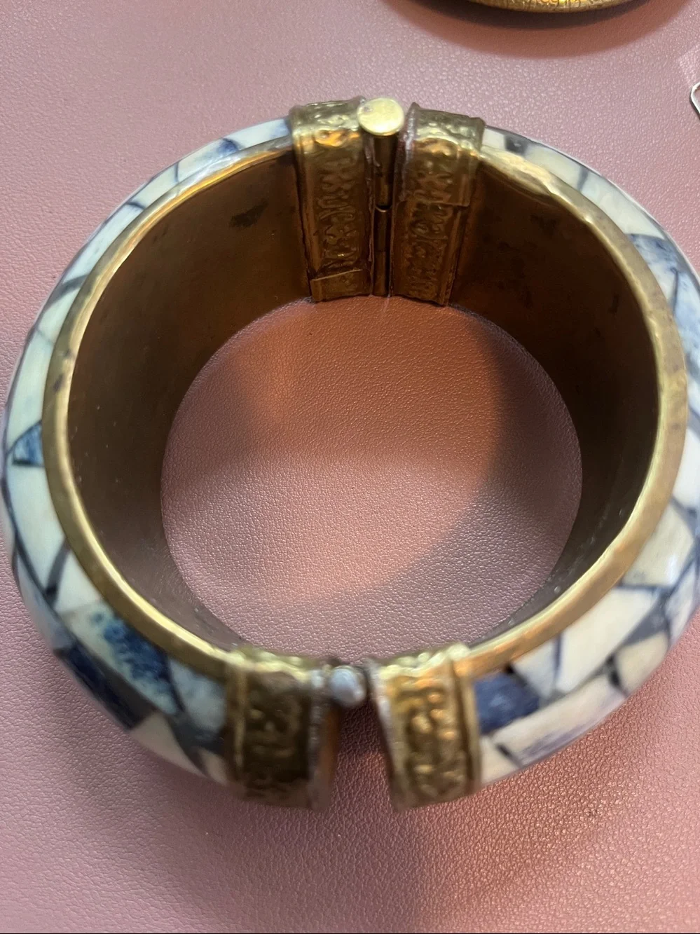 Gold-Tone and Ivory Mosaic Hinged Indian Bangle Bracelet